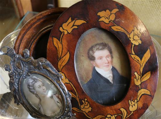 Three 19C miniature watercolour portraits on ivory and card and a daguerreotype portrait